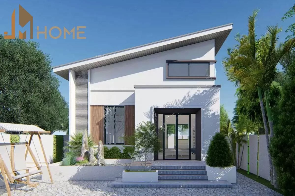 Mẫu thiết kế nhà mái lệch có sân vườn xanh mát