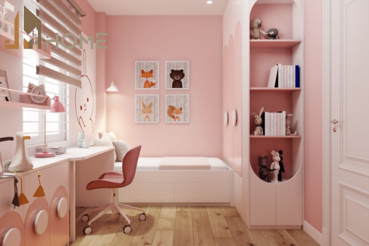 Mẫu thiết kế phòng ngủ có bàn học màu hồng cho bé gái