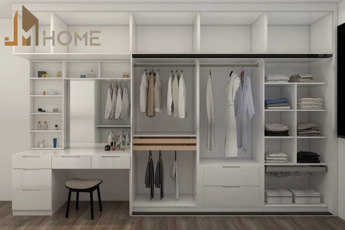 Mẫu thiết kế tủ quần áo thông minh tích hợp bàn trang điểm