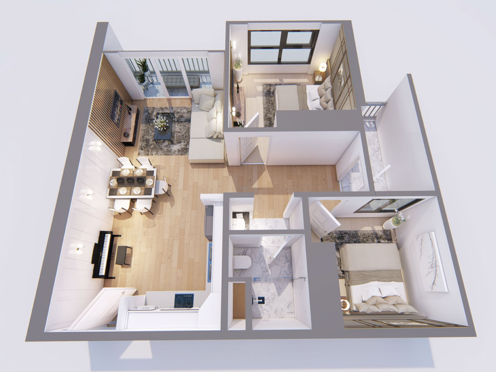 Thiết kế 2 phòng ngủ cho căn hộ 45m2: Bí quyết tối ưu không gian sống hoàn hảo