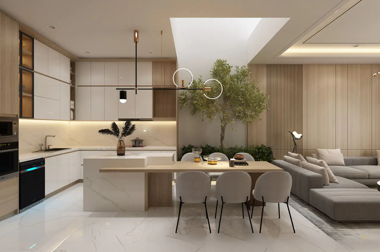 Phòng bếp hiện đại với tủ bếp tích hợp nhiều ngăn - tiện nghi, dễ vệ sinh